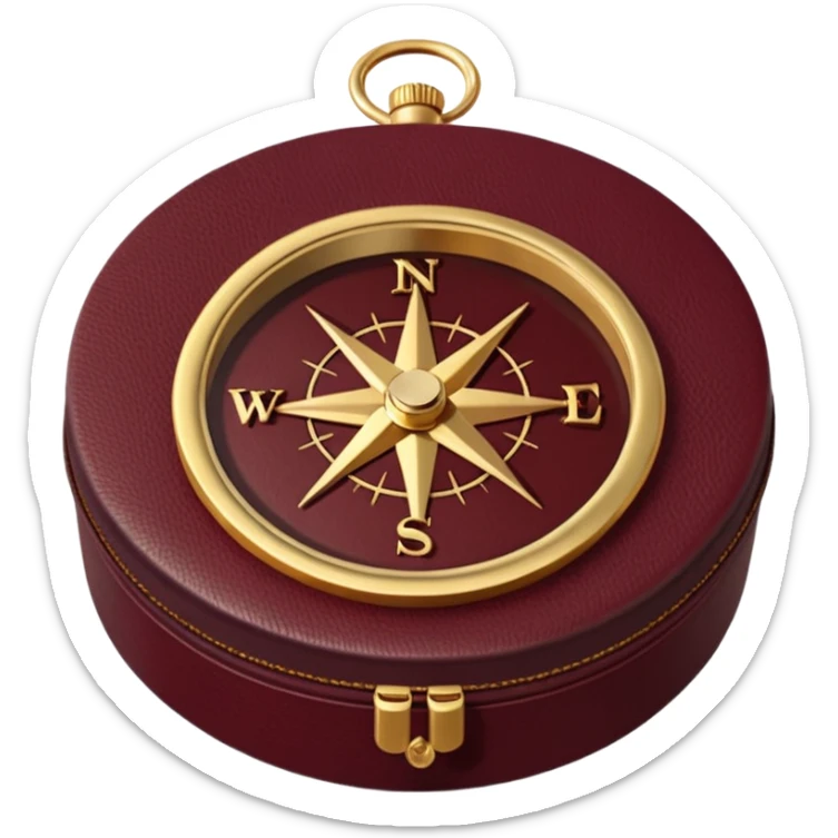burgundy travel item with  a gold compass in the lower right corner of the emoji in front of travel item sticker