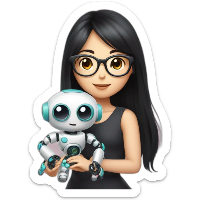 woman peach skin long black hair square glasses playing with cute robot companion sticker