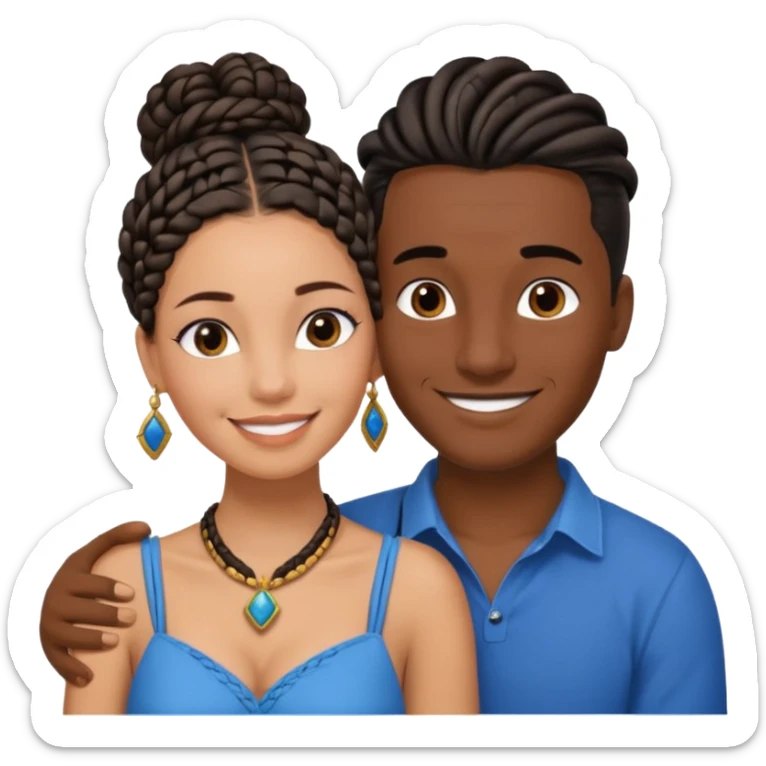 smiling embracing interracial couple from waihair in a bunn in a bunst up. dark ebony woman with long braided hair and jewelry. brazillian man short hair wearing blue. sticker
