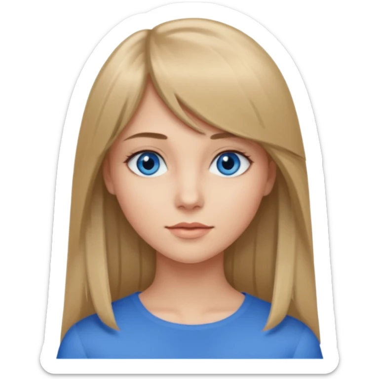 young woman with long straight dark blond hair, side bangs, and blue eyes.  sticker