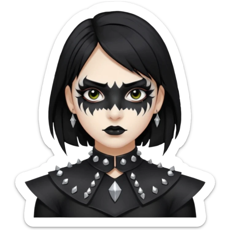 Crea una ragazza con stile black metal,  paint face black metal, capelli neri mossi dalle spalle e occhi bianchi e un collare con borchie a punta sticker