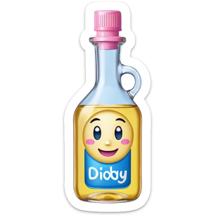 Smiling bottle of oil blue top pink outside with logo that says Diddy oil sticker