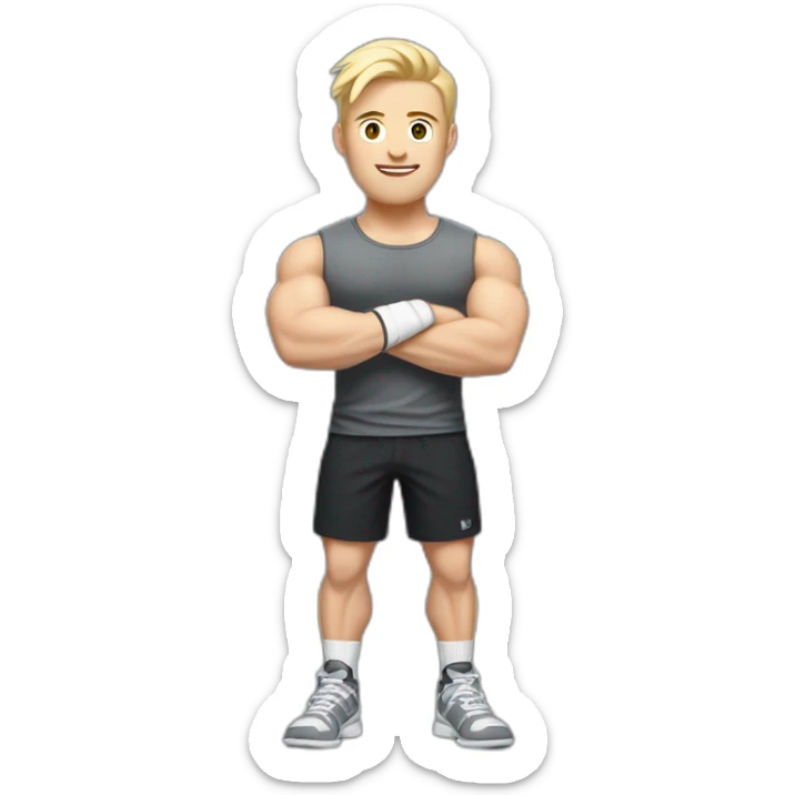 Full height Pale skinned fit man With the biceps and blonde hair In dark gray sleeveless mike, black oversize sports shorts, watch and white sneakers. his arms crossed over his chest sticker