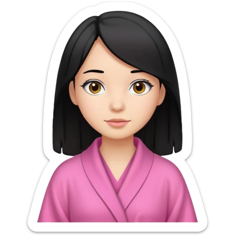 A girl who has black hair (straight but slightly wavy at the end), has a medium to bright skin tone, wearing a pink robe sticker