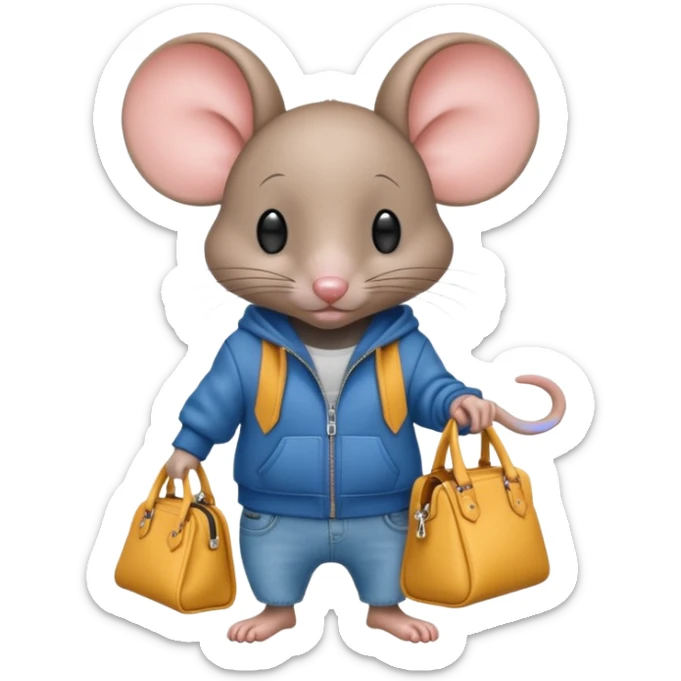 A fashionable mouse in wide jeans and a zip hoodie with a Balenciaga bag sticker