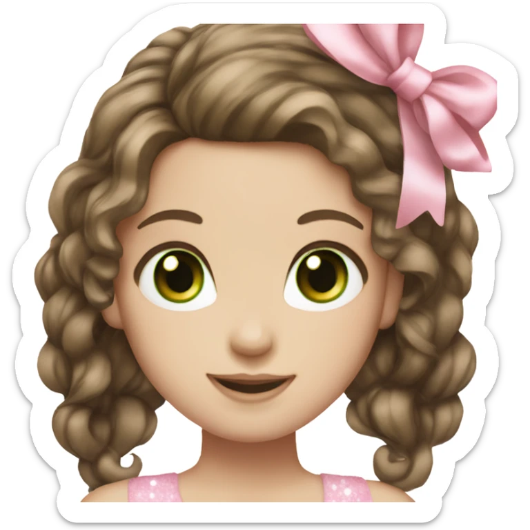 girl with brown hair and green eyes wearing a pink bow in hair, smiling, white glitter eyeshadow, pale skin,  sticker