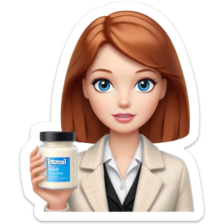 A Barbie girl with blue eyes, shoulder-length reddish-brown hair with makeup, wearing a white tweed jacket and a black skirt, holds pale beige body moisturizer cream pot sticker
