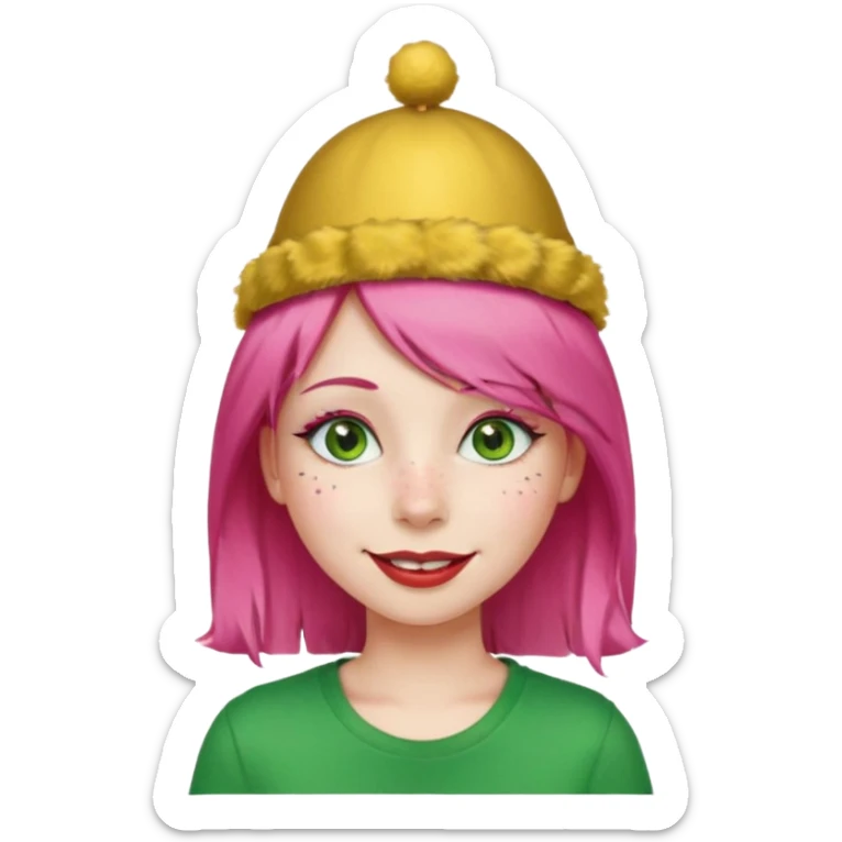 Create a girl with pink hair and green eyes with long eyelashes and a smiley face. She has freckles in her face and a lit of bit of lipstick on her mouth, she’s also got gold birthday hat on her head with gold pom poms on top of it, and her T-shirt is red sticker