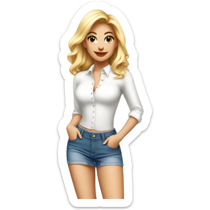 Blonde woman with white tight blouse and denim mini skirt and high platform heels looking at the camera sticker