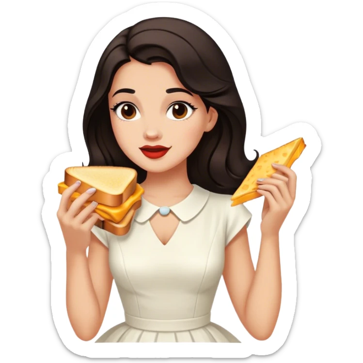 Beautiful woman in 1950’s woman fashion look, white dress, long dark brown hair, grilled cheese sandwiche sticker