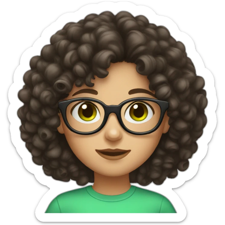 a young lady with dark brown curly hair and green eyes and round glasses sticker