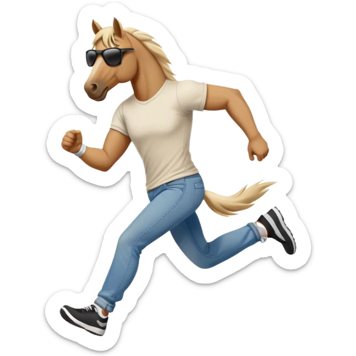friendly anthropomorphised stallion in jeans and a t-shirt, wearing dark sunglasses, jogging upright in relaxed pose sticker