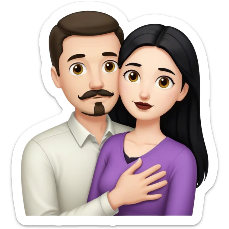 Tall white man with dark brown mustache and goatee hugging a short pale woman with long black hair sticker