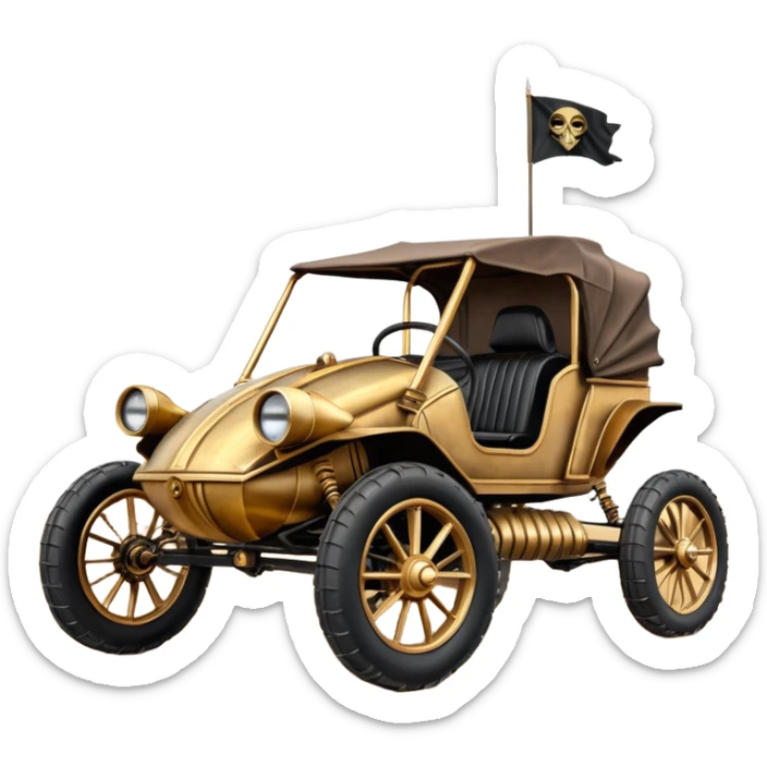 Old American West tarnished C-3PO bounty hunter 1854 delicately ornate rosegold accents painted dune buggy buckboard wagon powered by electric motors and batteries with safety features and belts flying rapidly across rough dusty terrain stable on strong agile futuresteampunk suspension and steering  sticker