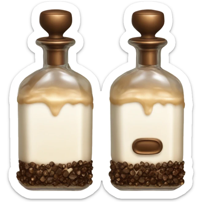 Antique parfumerie bottle with oil, made of bronze and brown crystals, white cream and coffee milk pour from the bottle sticker