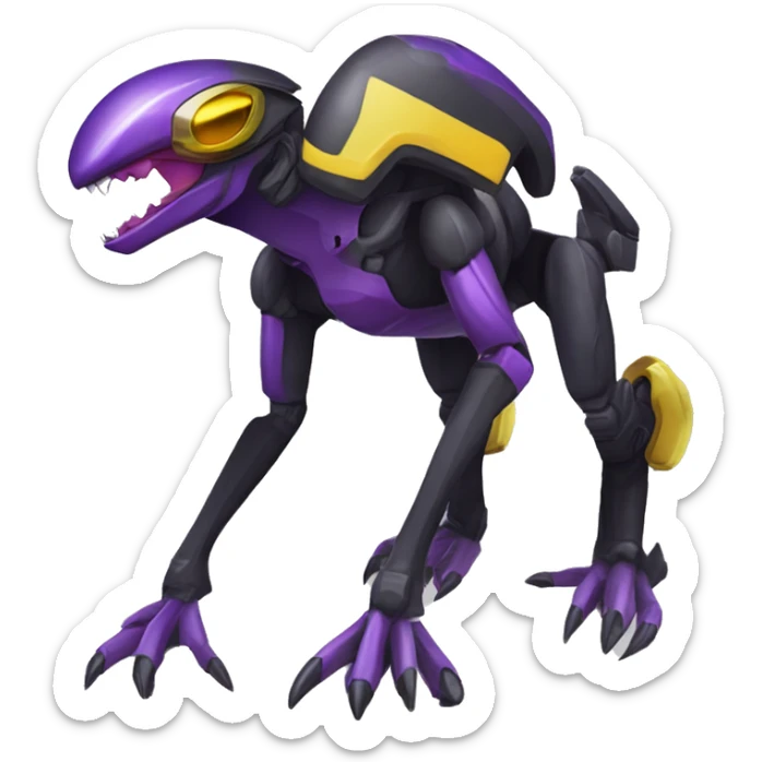 a shiny black-purple-yellow Genesect-Raptor-Fakémon—hybrid with a futuristic visor-helmet full bod sticker