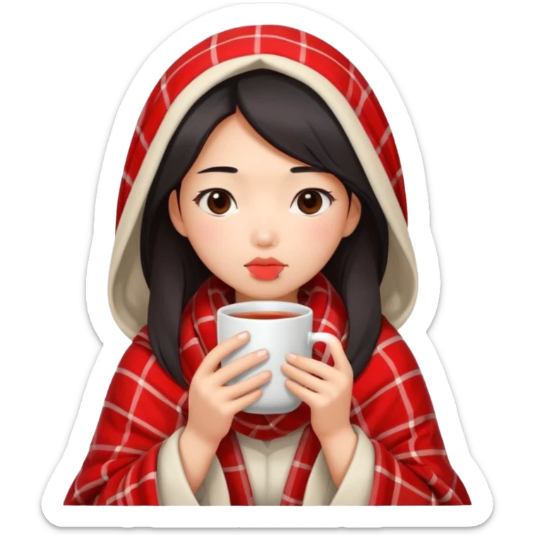 cute and sexy asian girl, feeling sick up, nose and cheecks red by blush, covered by blanket, holding tea mug in hands sticker