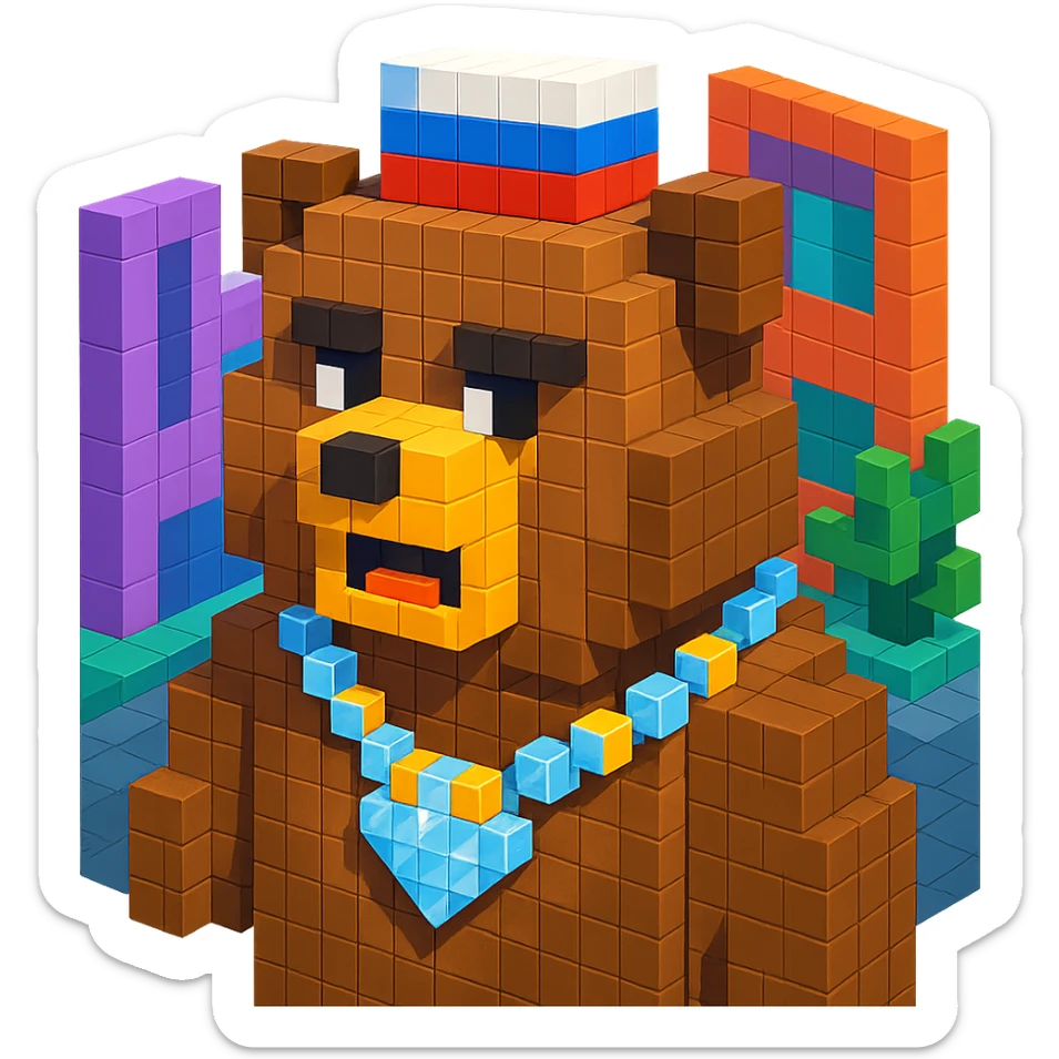 Russian grizzly bear with a diamond-studded rapper chain, urban background sticker