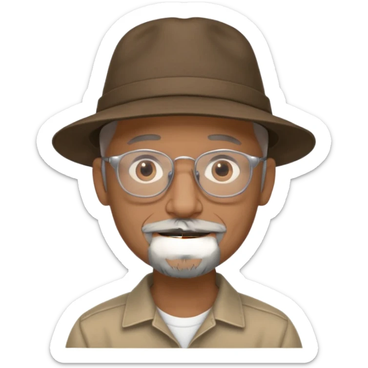 Brown man with wide rimmed hat no hair, gray goatee, clear glasses and slightly smiling sticker