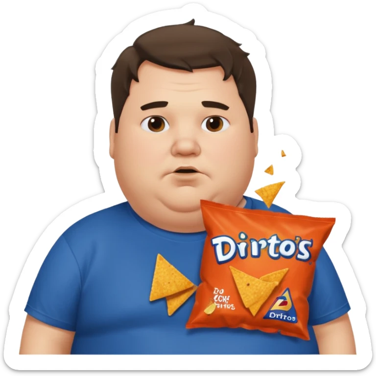 Fat man with greasy hair side part discord t shirt eating doritos sticker