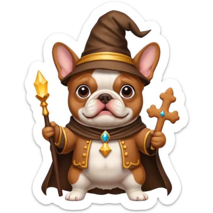 Make a French bulldog wise wizard with the skin tone of a ginger Bread man and with skin on it’s breast  sticker