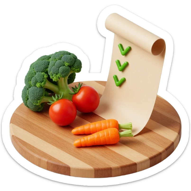 carrot tomato brocoli on the wooden cutting board with floating rolled paper list with green checkboxes sticker