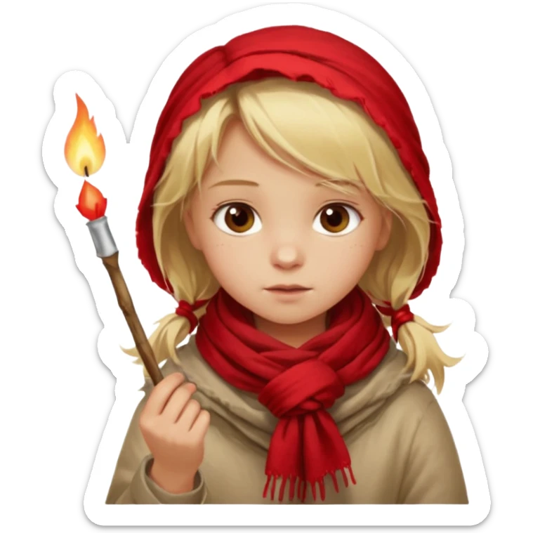 A little girl with messy blonde hair, wrapped in a thin scarf, lighting a match with shaky hands as warm light reflects in her eyes.
 sticker