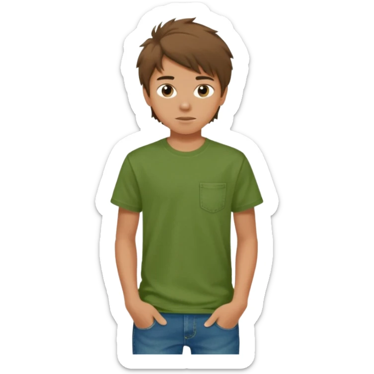 A 14 yerar old teenage boy, slightly tanned, wearing a green tshirt, blue jeans and green sneakers with brown tousled hair sticker