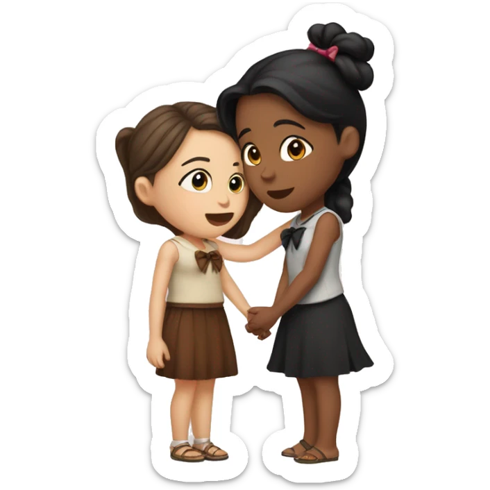 Two girls kissing one , is Indian skinned with black hair and a bow the other girl is white skinned with brown hair and a bow sticker