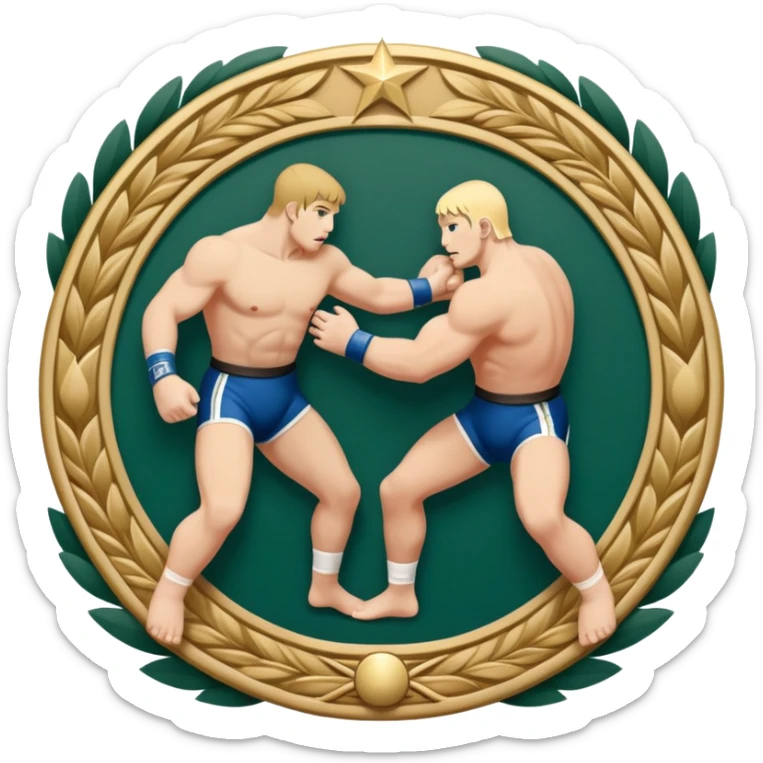 An icon symbolizing wrestling combat sports in the style of an emblem. The design features two wrestlers locked in a powerful grapple, one attempting to take the other down. Surrounding the scene are stylized elements like a championship belt, wrestling mat, and a laurel wreath.  sticker