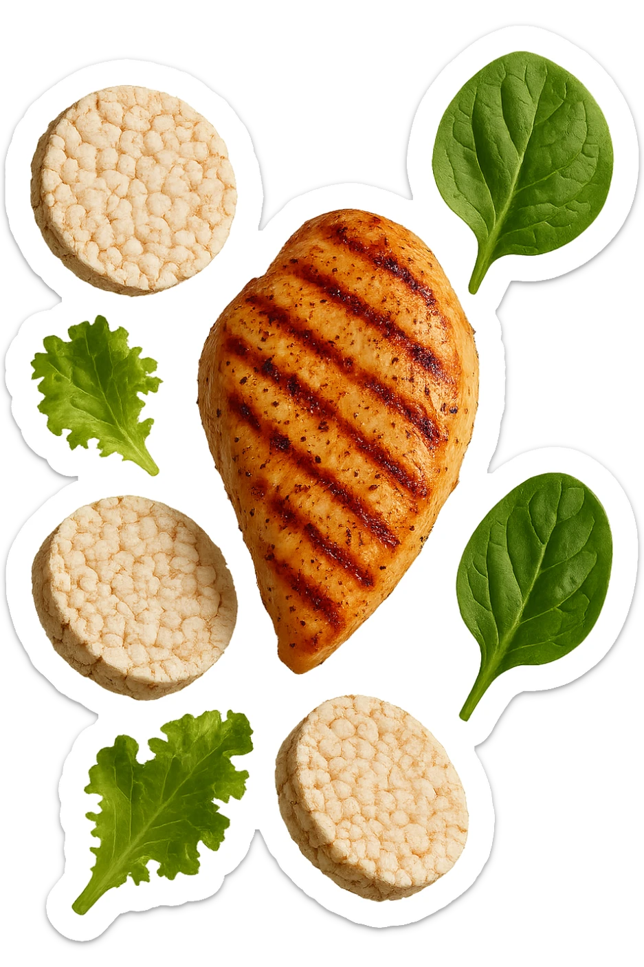 petto di pollo grigliato fluttua in aria insieme a gallette di riso e foglie di insalata, iperrealistico 4k sticker