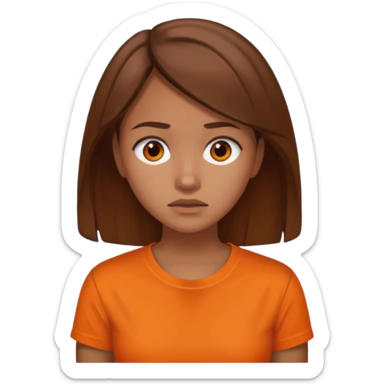 25 year old woman in orange shirt, she looks like she is in pain. She has brown hair sticker
