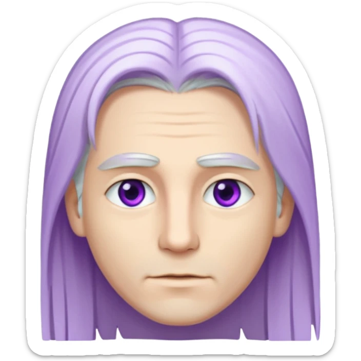 Beyaz uzun ve düz saçları olan,mor göz rengi olan, bembeyaz tenli bir erkek,genç,gözleri hafif çekik ve saçları da teni de bembeyaz olacak,genç olacak,kırışıklığı olmayacak,gözleri çekik ve mor renk olacak sticker