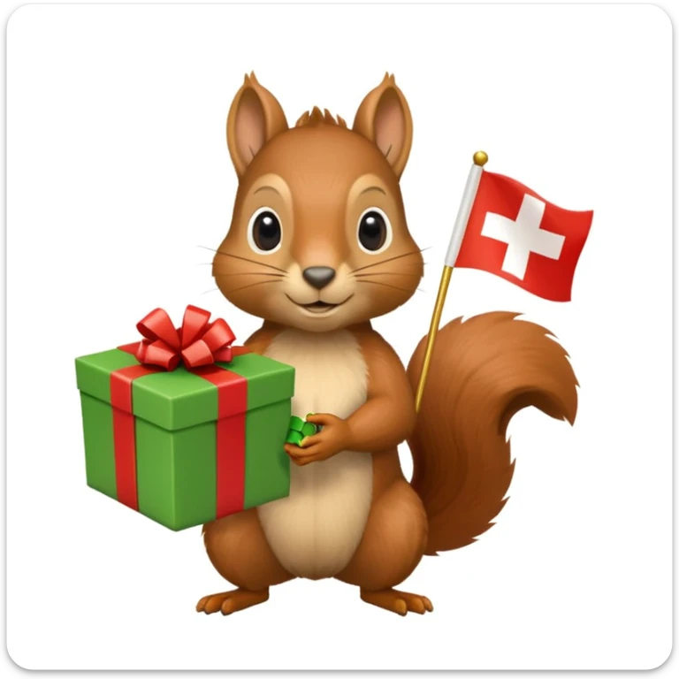 a squirrel holding a green gift box in one hand and a Swiss flag in the other, both objects clearly visible, simple white background, the gift is a different color from the flag sticker