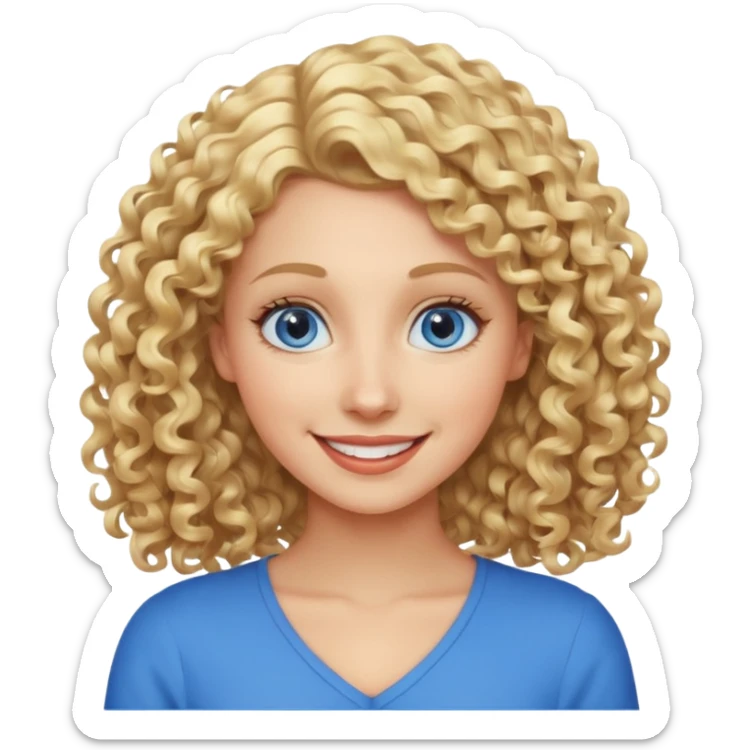 Woman with blonde curly shoulder-length hair, big blue eyes, wide smile sticker