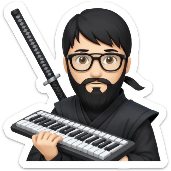 Man with black hair and beard wearing glasses in a ninja costume. Keep the top left version, make the beard longer and add a computer keyboard  sticker