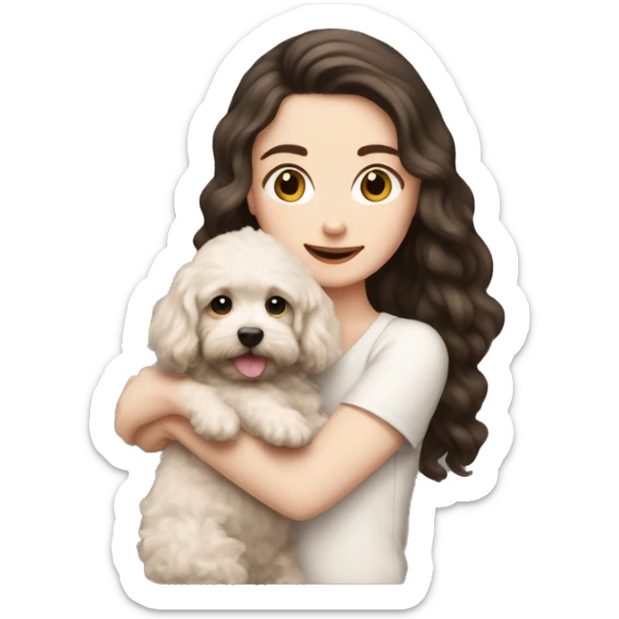 pale white girl with long black hair holding brown bichpoo puppy sticker