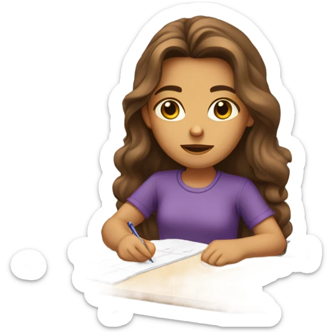 girl with long wavy brown hair in a purple shirt like the normal emoji and brown eyes taking a test  sticker