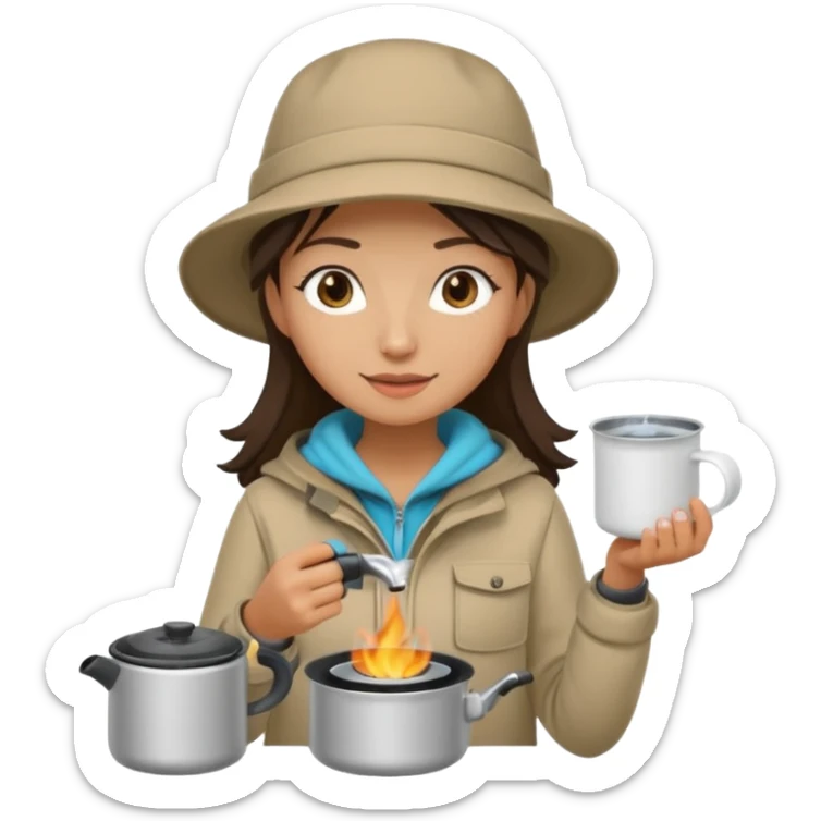 A woman camper boiling water on a portable stove, enjoying the outdoor sticker