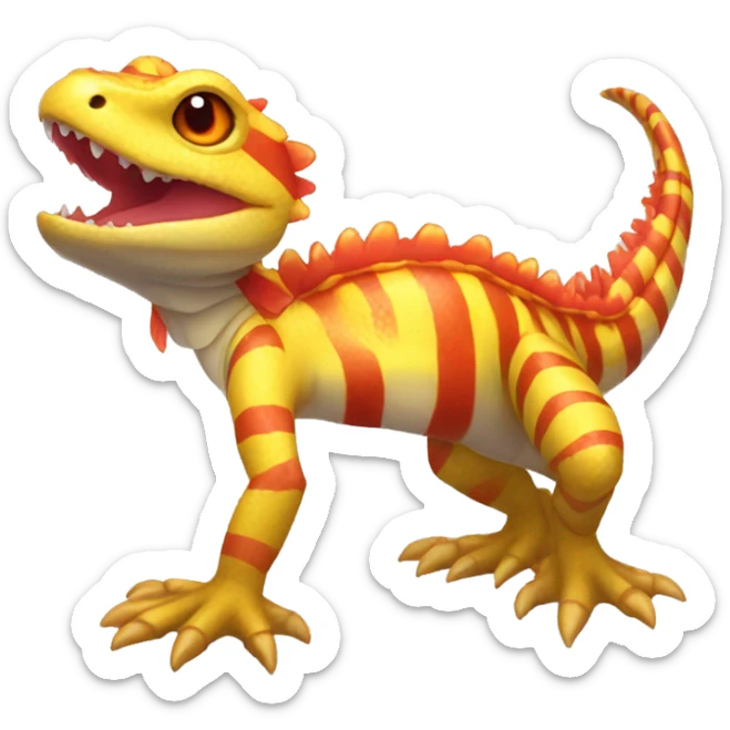 A Yellow Shiny Anthro-Scalie-Lizard-Reptile-Salamander-Fakémon with red stripes and orange frills Full Body sticker