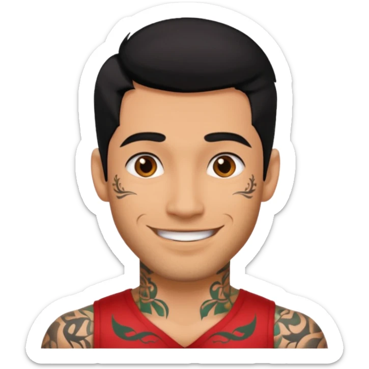 A man in tattoos handsome with flirty smile till legs black hair, bristle  sticker