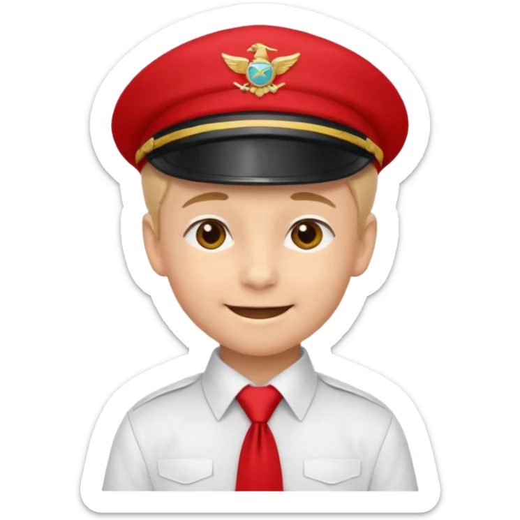 A Soviet pioneer emoji — smiling young boy wearing a bright red tie (pioneer neckerchief) and a red pilotka cap. White shirt, neat and cheerful, minimal flat emoji style, simple colors, clear outlines, professional emoji design. sticker