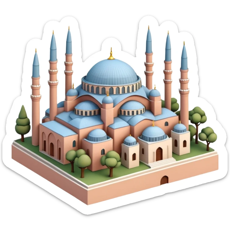 Isometric miniature of Istanbul, centered on Hagia Sophia with domes and minarets, surrounded by a few low-rise buildings and greenery, in pastel diorama style, soft shading. sticker