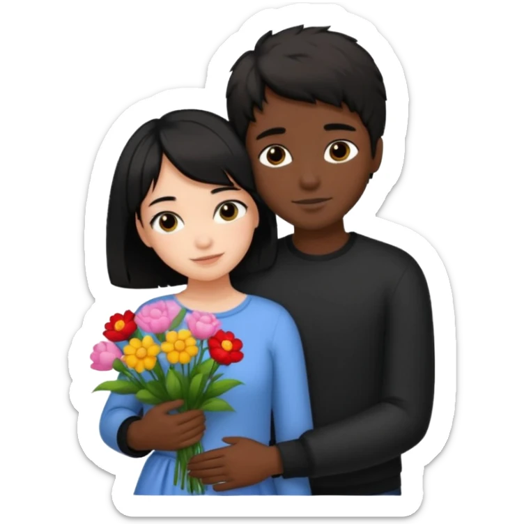 a pretty bratz fair girl with short black shaggy hair with a tall boy hugging her and flowers wearing black  sticker