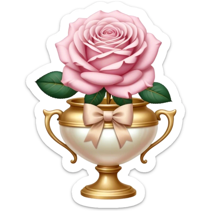 Realistic aesthetic powder pink rose in a pearl vintage vase and a beige bow with gold decoration  sticker