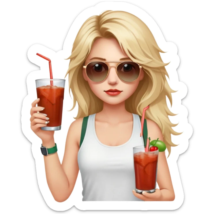 girl with long blond messy hair
with blue eyes
and aviator sunglasses
wearing white tank top 
holding bloody mary
wearing (rose gold apple watch with forest green band) sticker