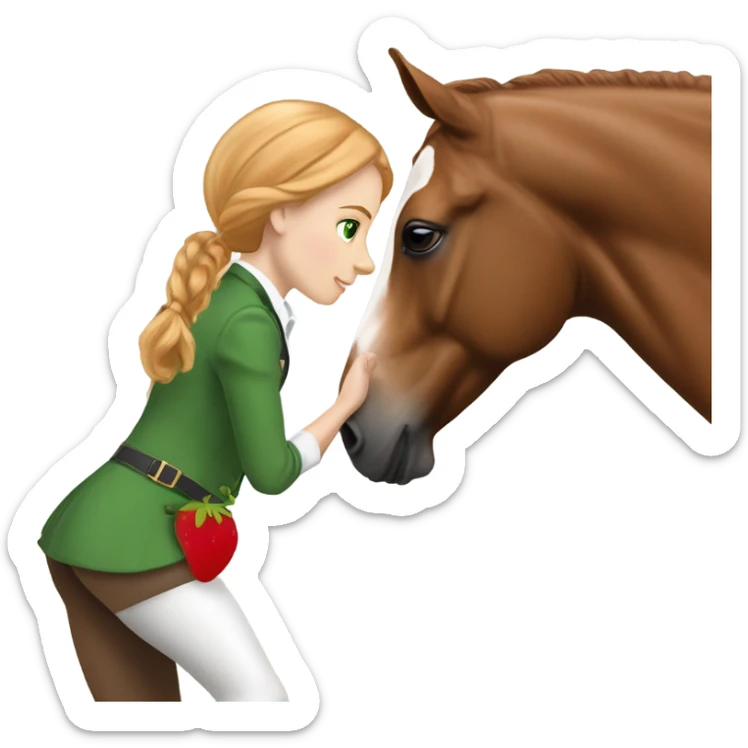 White teen girl with green eyes and medium length strawberry blonde hair wearing nice English riding attire giving a treat to a brown and white paint horse sticker