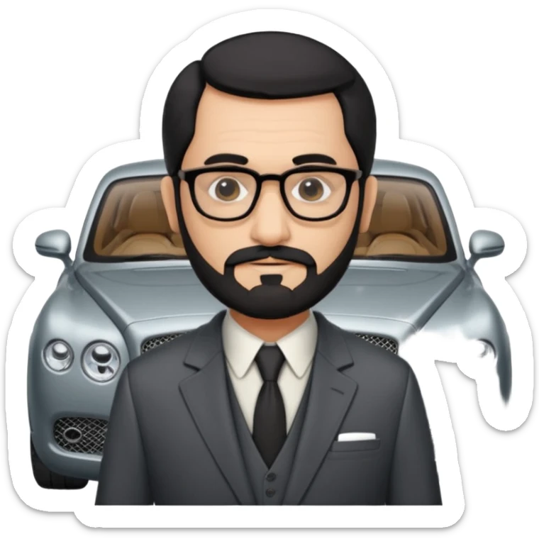 Professor Bentley Dyed black gray hair  frencb beard graying indian guy in suit with a bentley car. Older look with glasses slight balding sticker