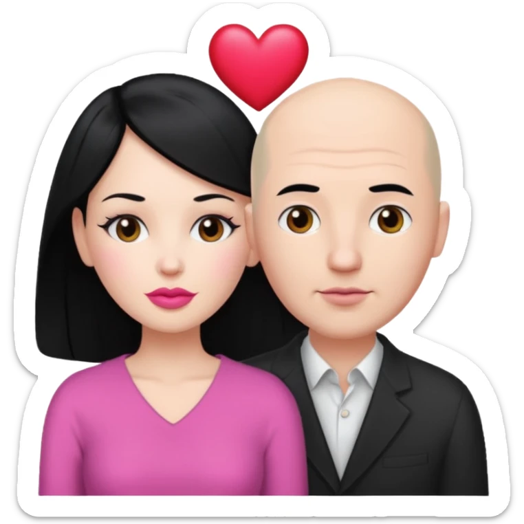 👩🏻‍❤️‍💋‍👨🏻 this one but the man should be bald. white woman with black hair and white bald man and a heart between their heads. she has pink lips sticker
