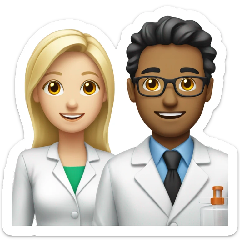 blonde female pharmacist next to male white chemist with black hair  sticker
